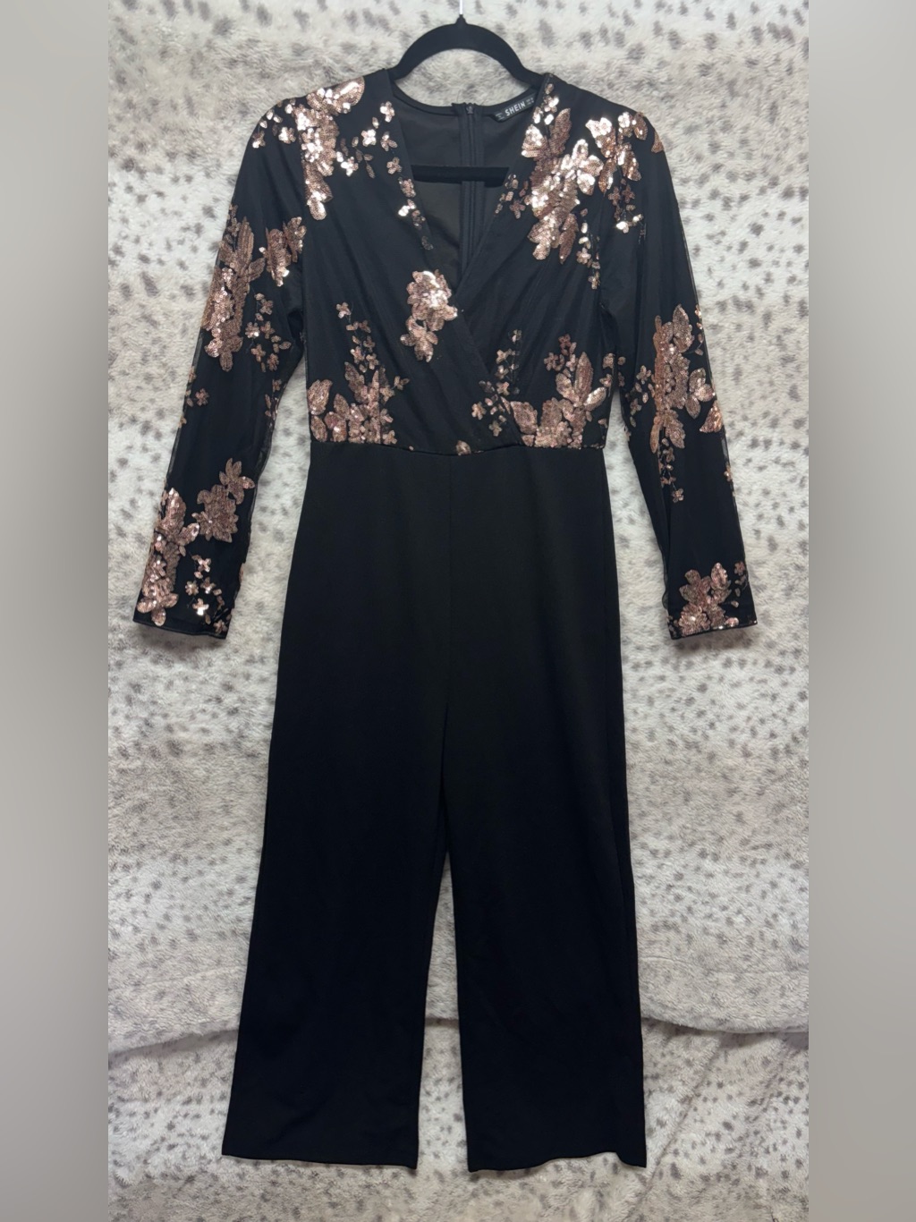 Shein Floral Rose Gold Sequin Jumpsuit